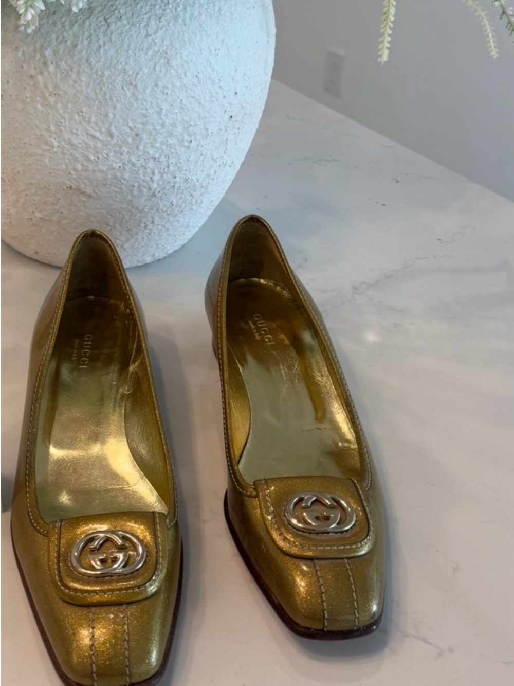 Gucci Metallic Gold Leather GG Logo Ballet Flats